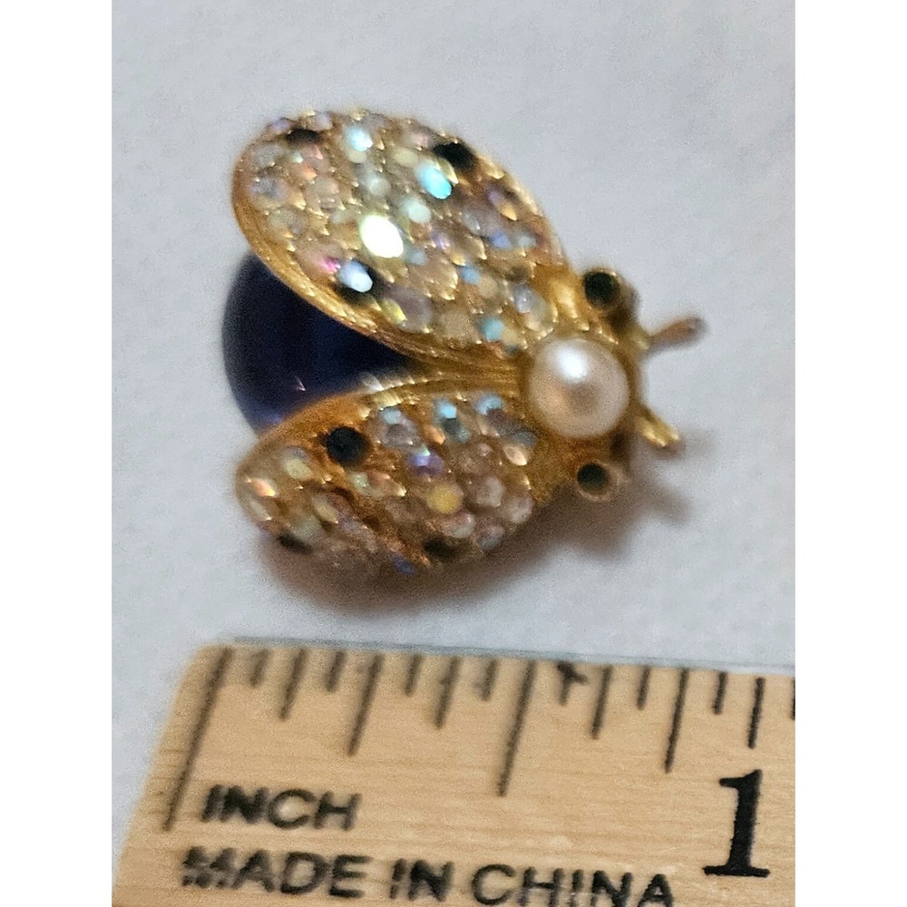 Sparkling Ladybug Brooch Pin Rhinestone Pearl Blue Gemstone Gold Tone - Picture 15 of 16